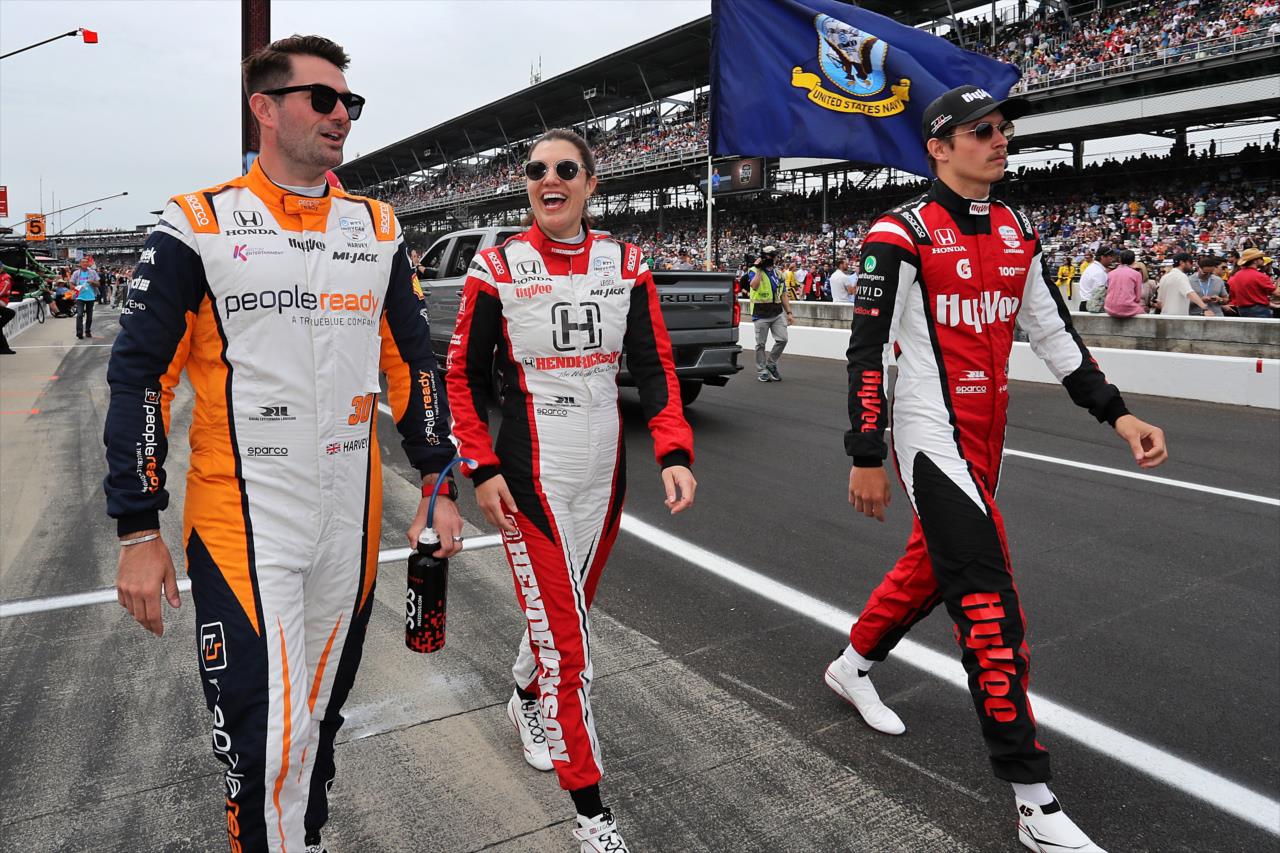 Jack Harvey, Katherine Legge, and Christian Lundgaard - 107th Running of the Indianapolis 500 Presented By Gainbridge - By: Paul Hurley -- Photo by: Paul Hurley