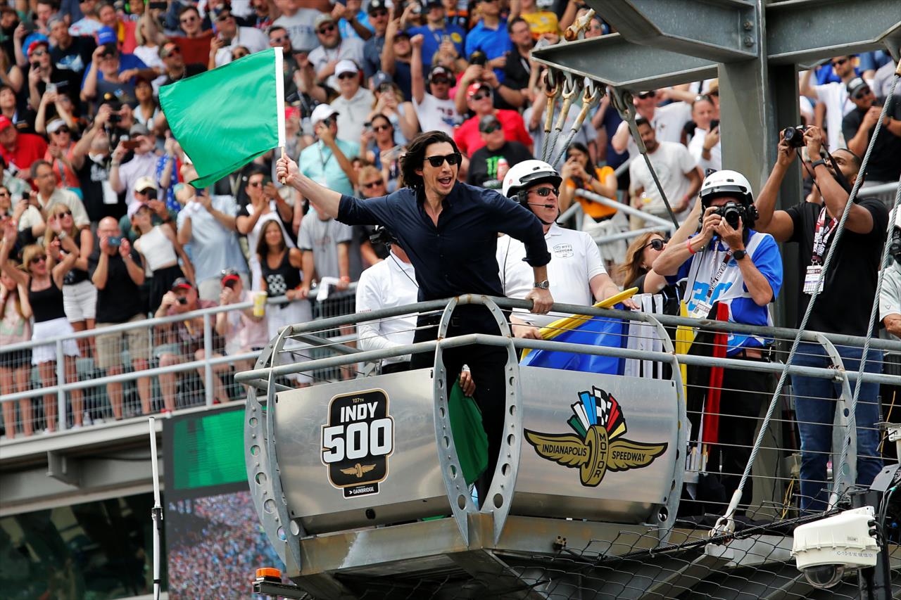 Adam Driver waives the green flag - 107th Running of the Indianapolis 500 Presented By Gainbridge - By: Paul Hurley -- Photo by: Paul Hurley