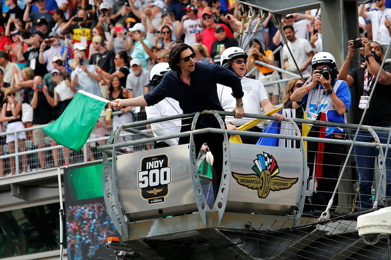Adam Driver waives the green flag - 107th Running of the Indianapolis 500 Presented By Gainbridge - By: Paul Hurley -- Photo by: Paul Hurley