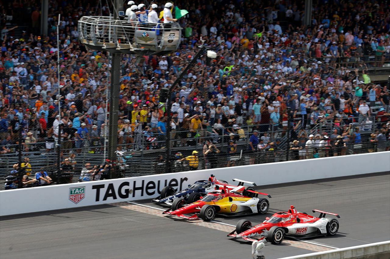 Three-wide - 107th Running of the Indianapolis 500 Presented By Gainbridge - By: Paul Hurley -- Photo by: Paul Hurley