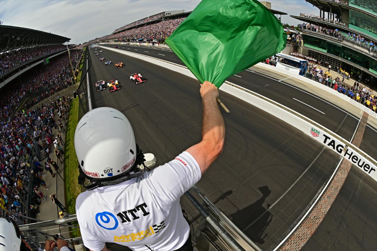 Green Flag flies on the final restart - 107th Running of the Indianapolis 500 Presented By Gainbridge - By: Walt Kuhn -- Photo by: Walt Kuhn