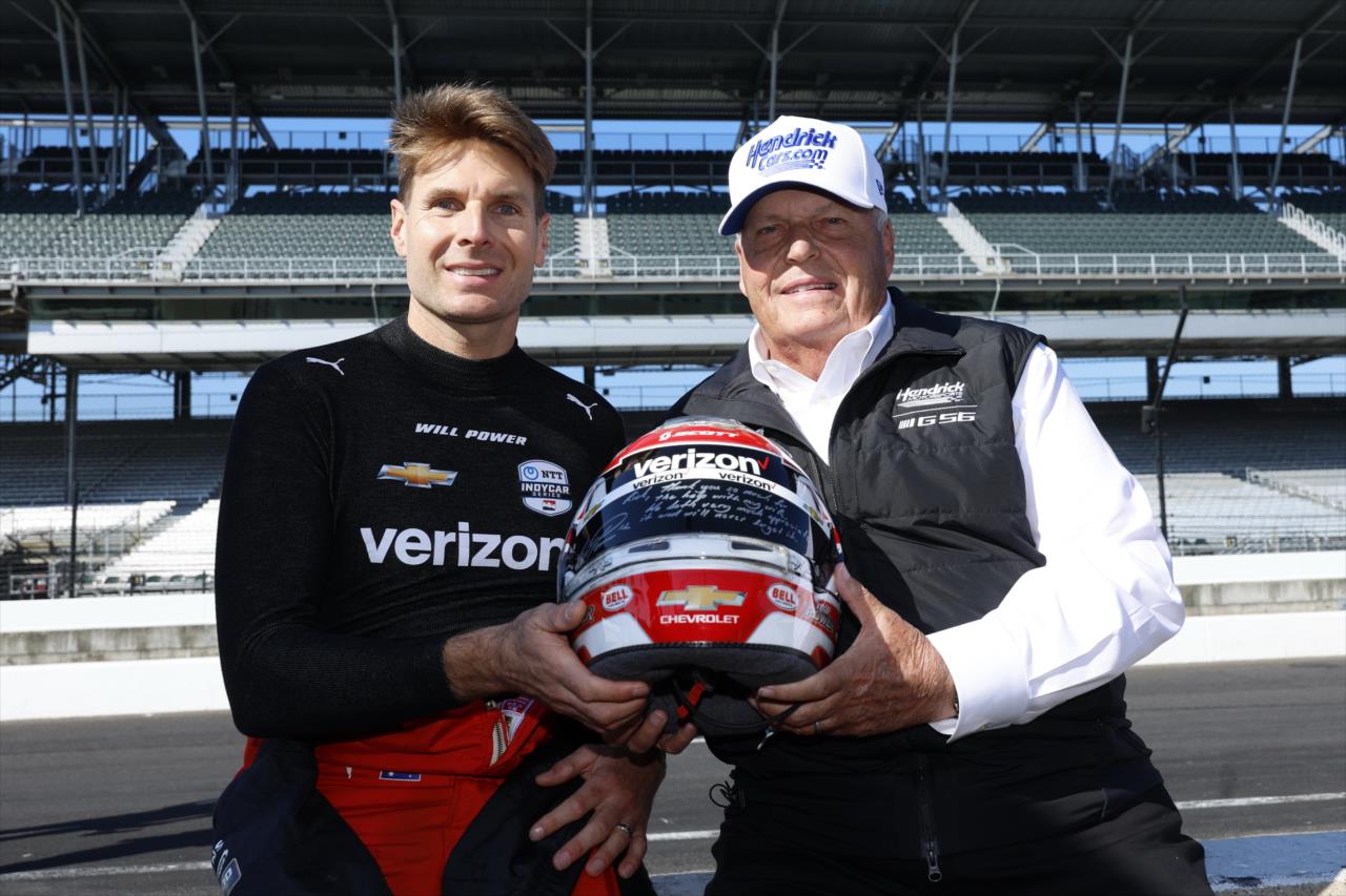 Will Power presents a helmet to Rick Hendrick - Indianapolis 500 ROP - By: Chris Jones -- Photo by: Chris Jones