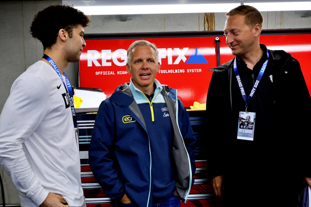 Butler Basketball player Jalen Jackson and Butler AD Grant Leiendecker with Ed Carpenter- Indianapolis 500 Practice - By: Paul Hurley -- Photo by: Paul Hurley