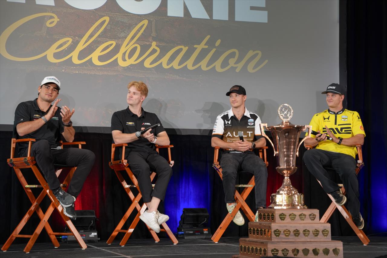 Caio Collet, Jacob Abel, Dennis Hauger and Mick Schumacher - Rookie Luncheon - By: Josh Hernandez -- Photo by: Josh Hernandez