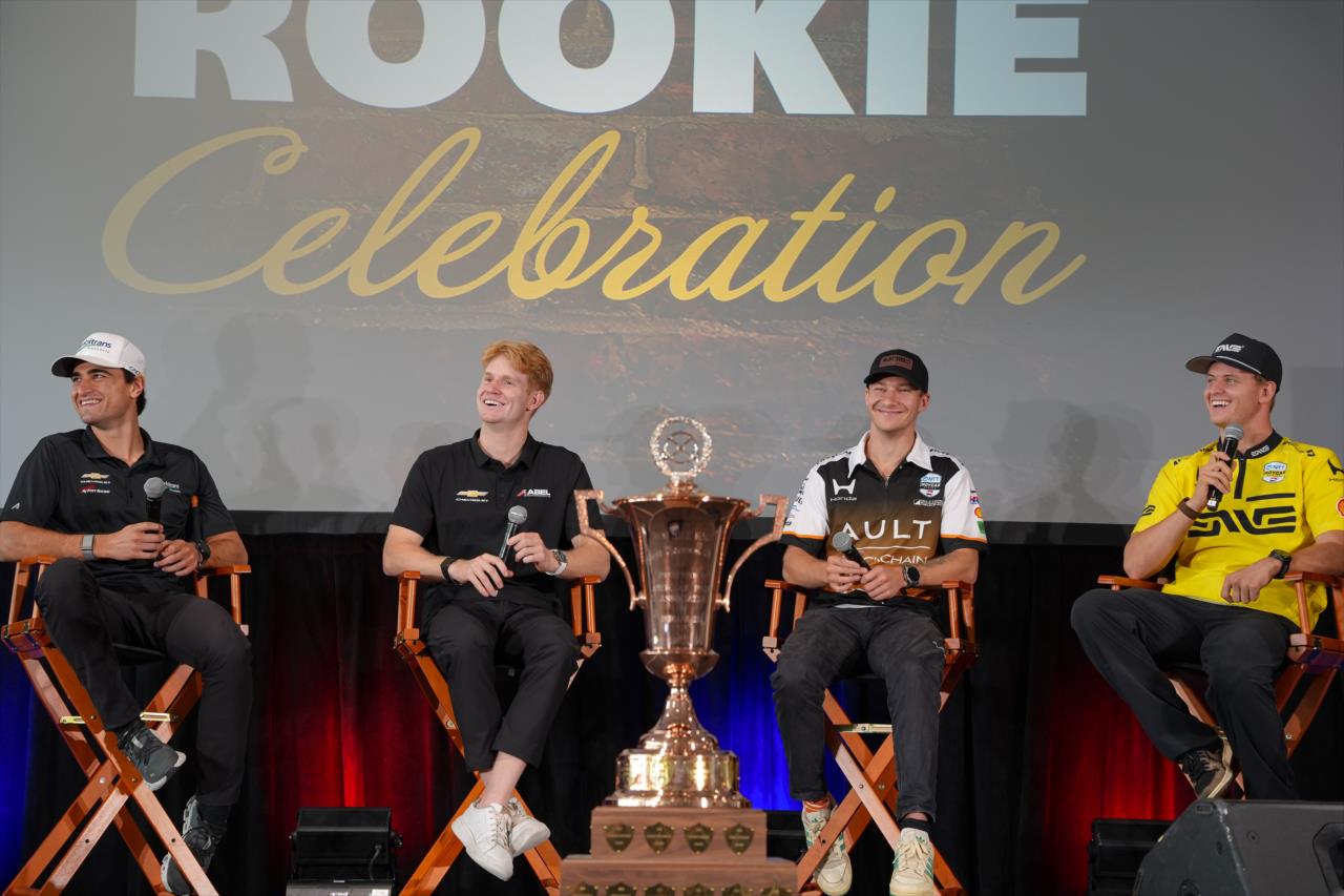 Caio Collet, Jacob Abel, Dennis Hauger and Mick Schumacher - Rookie Luncheon - By: Josh Hernandez -- Photo by: Josh Hernandez