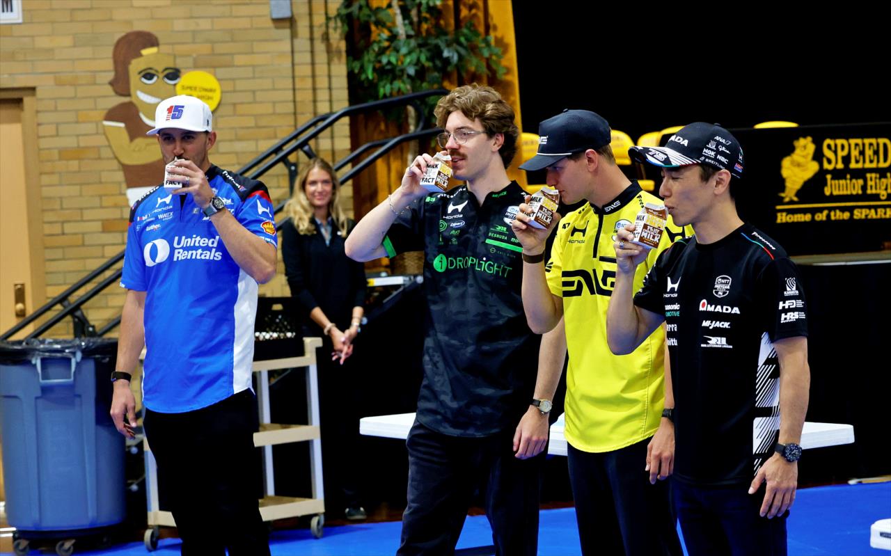 Graham Rahal, Louis Foster, Mick Schumacher, Takuma Sato - Gallagher Community Day - By: Paul Hurley -- Photo by: Paul Hurley