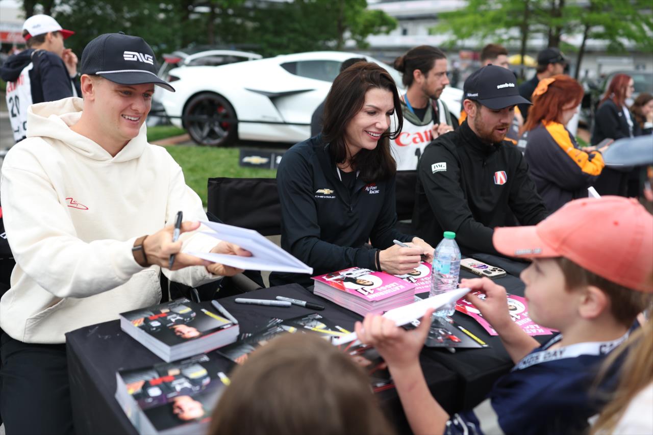 Mick Schumacher, Katherine Legge and Kyle Kirkwood - Legends Day - By: Chris Owens -- Photo by: Chris Owens