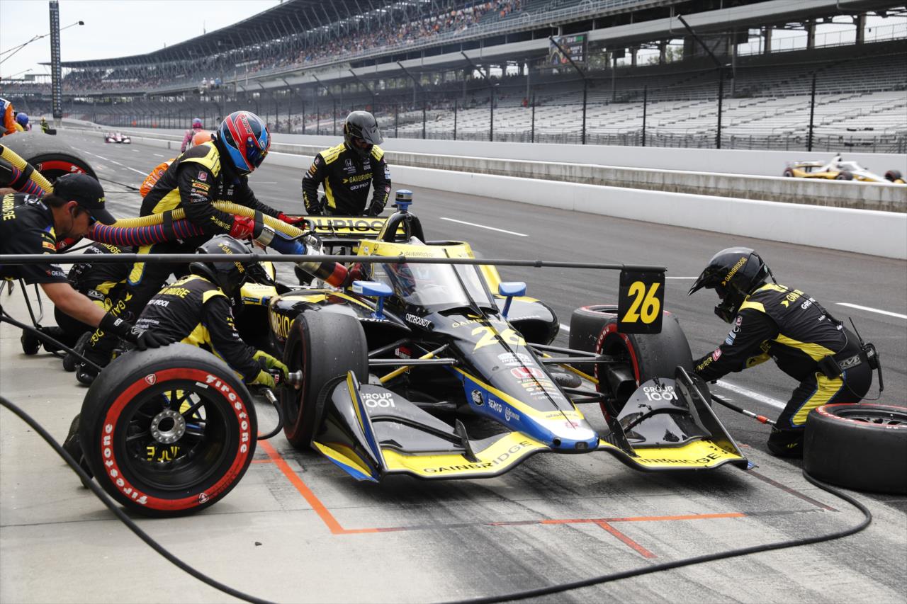 Andretti Autosport performs a pit stop on Colton Herta's No. 26 Gainbridge Honda during the Big Machine Spiked Coolers Grand Prix on Saturday, Aug. 14. -- Photo by: Chris Jones