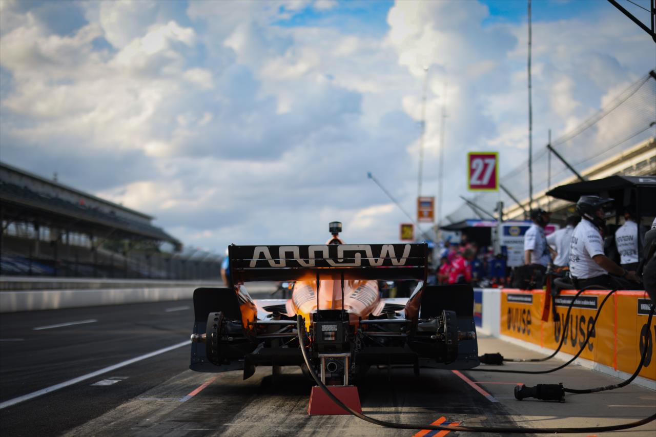 Pato O'Ward's No. 5 Arrow McLaren SP Chevrolet sits on pit lane before the start of the Big Machine Spiked Coolers Grand Prix on Saturday, Aug. 14. -- Photo by: Chris Owens