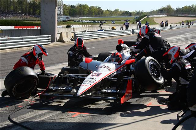 Helio Castroneves pits during the Indy Grand Prix of Alabama presented by Legacy Credit Union. -- Photo by: Dan Helrigel