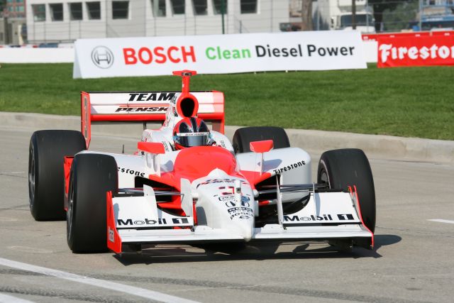 Helio Castroneves on track during warm up for the Detroit Indy Grand Prix on Race day. -- Photo by: Chris Jones