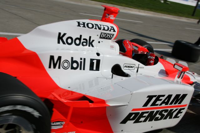 Helio Castroneves pulls out during warm up for the Detroit Indy Grand Prix on Race day. -- Photo by: Chris Jones