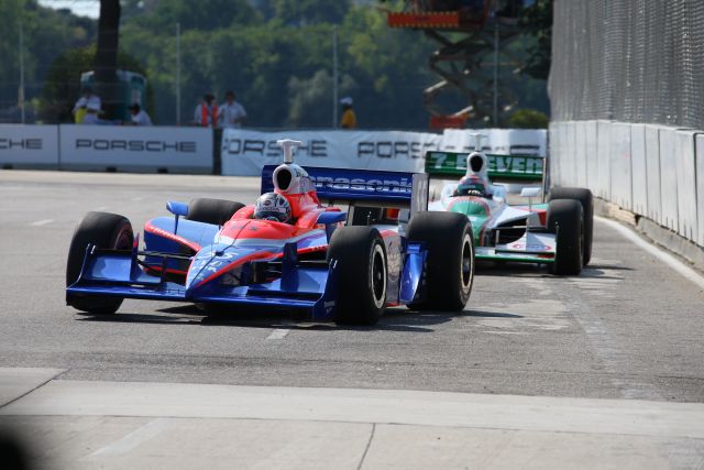 Kosuke Matsuura and Tony Kanaan on track during warm up for the Detroit Indy Grand Prix on Race day. -- Photo by: Shawn Payne