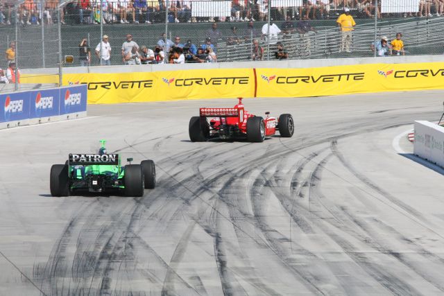 Scott Sharp and Dan Wheldon on track during the Detroit Indy Grand Prix on Race day. -- Photo by: Shawn Payne