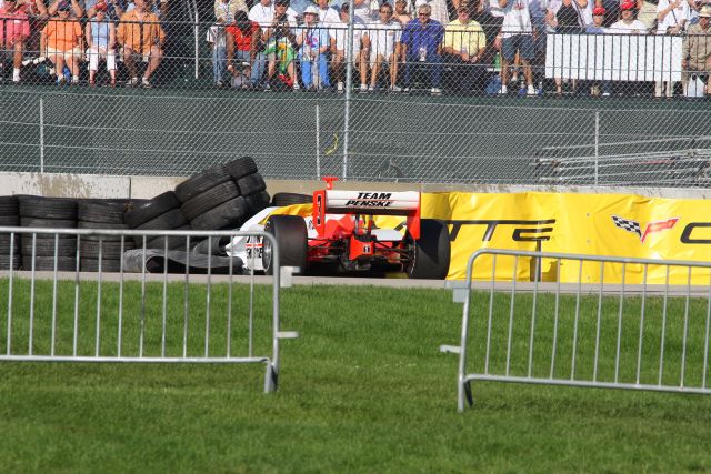 Helio Castroneves' car after making contact with the tire barrier at Michigan. -- Photo by: Shawn Payne