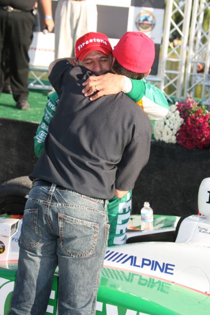 Team owner, Michael Andretti, hugs race winner Tony Kanaan upon winning the Inaugural Detroit Belle Isle race. -- Photo by: Steve Snoddy