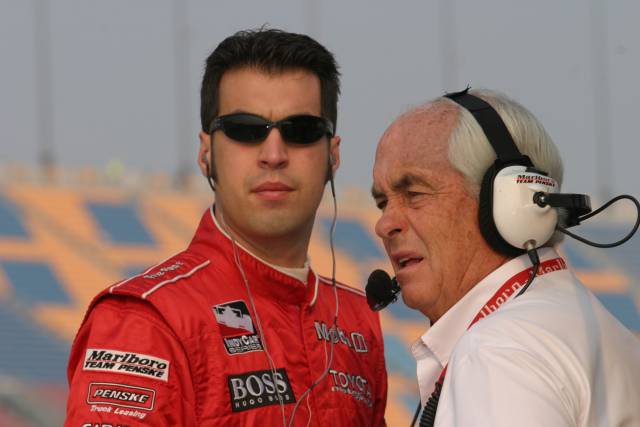 Sam Hornish Jr., left, and Roger Penske before morning practice at the Peak Antifreeze Indy 300 from Chicagoland Speedway. -- Photo by: Chris Jones