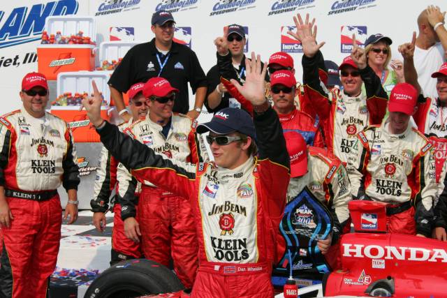 #26 Dan Wheldon celebrates his victory at the Peak Antifreeze Indy 300 from Chichagoland Speedway. -- Photo by: Shawn Payne
