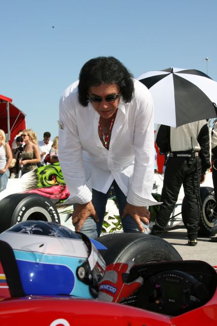 Rock Star legend and KISS front man, Gene Simmons talks with Milka Duno prior to start of race. -- Photo by: Chris Jones