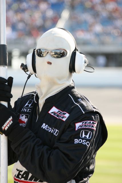 Team Penske crew member looks on as race continues. -- Photo by: Chris Jones