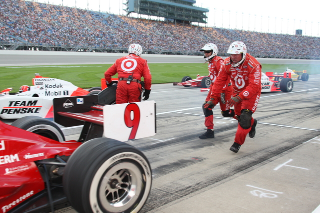 No. 9 Scott Dixon pull out of the pits during the race at Chicagoland Speedway. -- Photo by: Dana Garrett