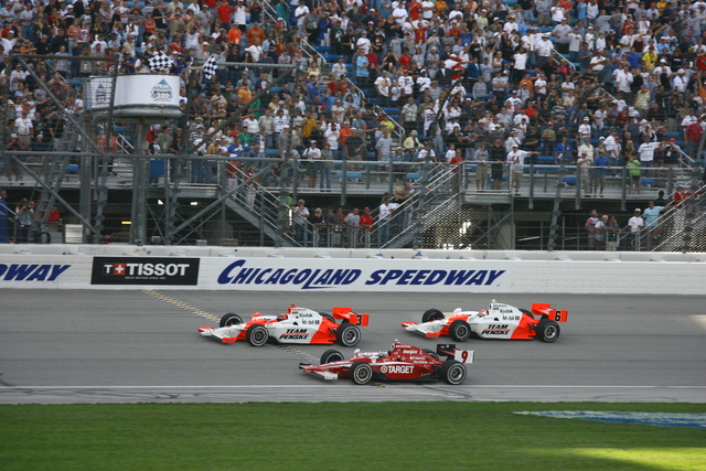 A photo-finish by #9 Scott Dixon and #3 Helio Castroneves as Helio wins by .0033 seconds. -- Photo by: Jim Haines