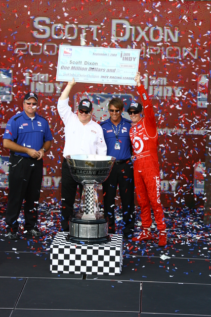 Team owner Chip Ganassi and driver Scott Dixon celebrate winning the 2008 IndyCar Series Championship. -- Photo by: Jim Haines