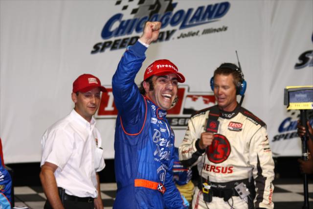 Dario Franchitti celebrates after a win at Chicagoland Speedway -- Photo by: Dan Helrigel