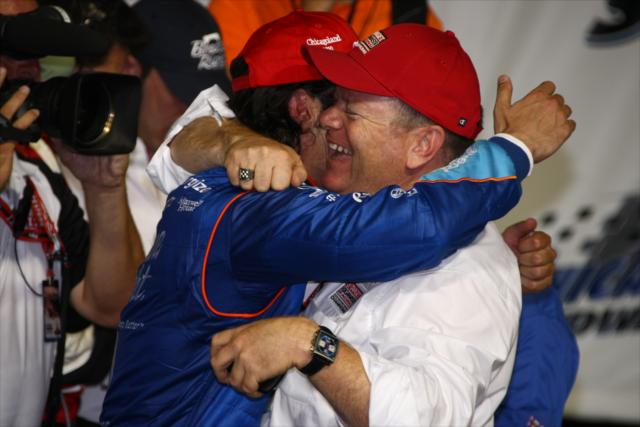 Dario Franchitti and Chip Ganassi hug after a big win at Chicagoland Speedway -- Photo by: Dan Helrigel
