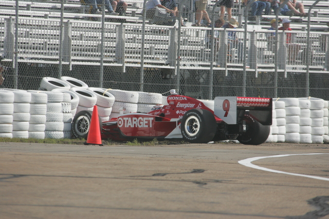 #9 Scott Dixon makes contact with the tire barrier during warm up at Edmonton. -- Photo by: Steve Snoddy