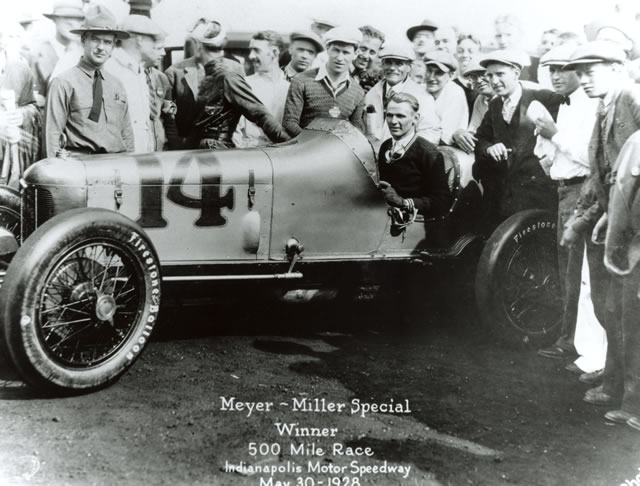 Louis Meyer in the #14 Miller (Miller/Miller) at the Indianapolis Motor Speedway in 1928. -- Photo by: No Photographer