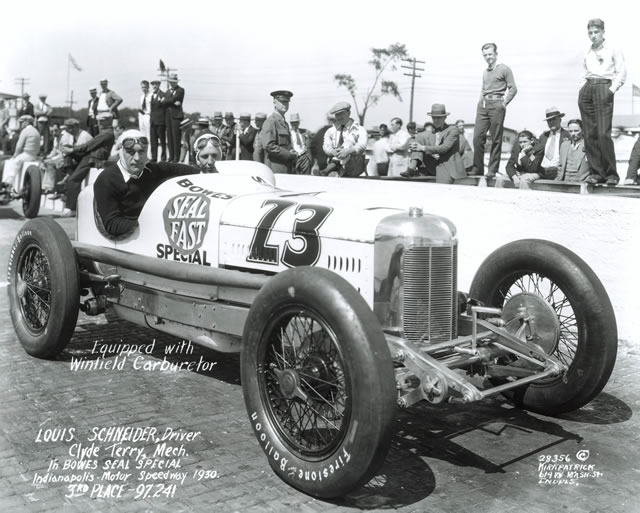 Louis Schneider in the #23 Bowes Seal Fast Special (Stevens/Miller) at the Indianapolis Motor Speedway in 1930. -- Photo by: No Photographer