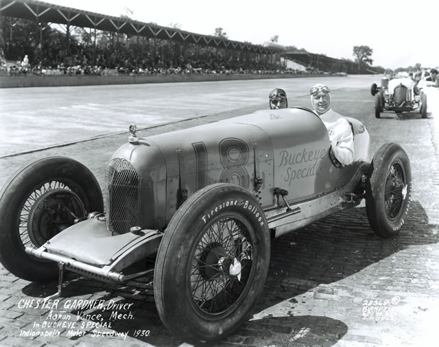 Chet Gardner in the #18 Buckeye Special (Duesenberg/Duesenberg) at the Indianapolis Motor Speedway in 1930. -- Photo by: No Photographer