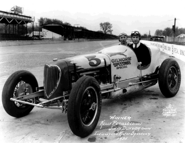 1935 Indianapolis 500 winner Kelly Petillo with riding mechanic Jimmie Dunham in the winning Gilmore Speedway Special (Wetteroth/Offy). -- Photo by: No Photographer