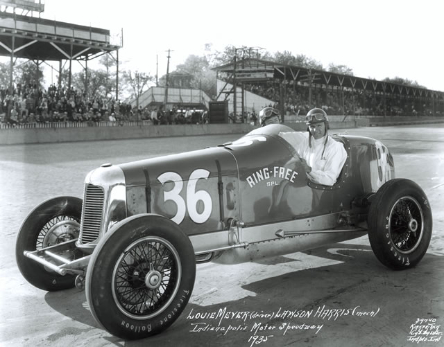 Louis Meyer in the #36 Ring-Free Special (Stevens/Miller) at the Indianapolis Motor Speedway in 1935 -- Photo by: No Photographer