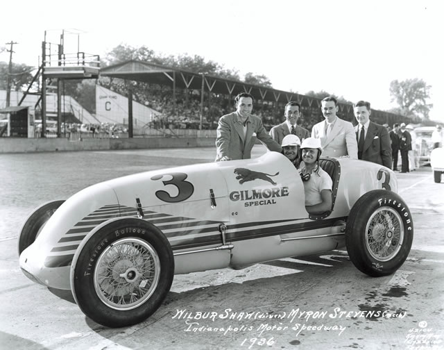 Wilbur Shaw in the #3 Gilmore Special (Shaw/Offy) at the Indianapolis Motor Speedway in 1936 -- Photo by: No Photographer