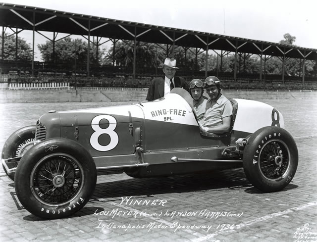 Louis Meyer in the #8 Ring Free Special (Stevens/Miller) at the Indianapolis Motor Speedway in 1936 -- Photo by: No Photographer