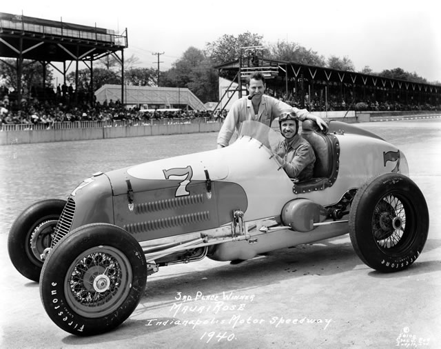 Mauri Rose in the #7 Elgin Piston Pin Special (Wetteroth/Offy) at the Indianapolis Motor Speedway in 1940 -- Photo by: No Photographer