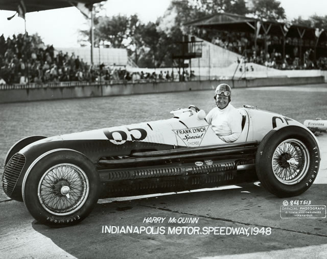 Harry McQuinn in the #65 Frank Lynch Motors (Maserati/Maserati) at the Indianapolis Motor Speedway in 1948 -- Photo by: No Photographer