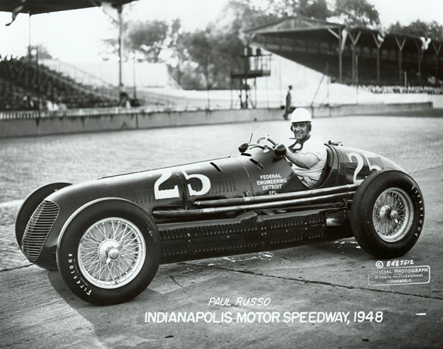 Paul Russo in the #25 Federal Engineering Special (Maserati/Maserati) at the Indianapolis Motor Speedway in 1948 -- Photo by: No Photographer