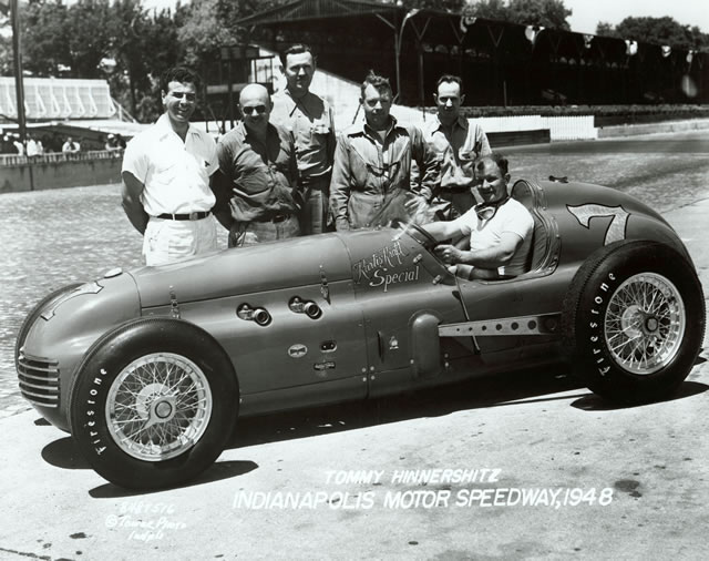 Tommy Hinnershitz in the #7 Kurtis-Kraft Special (Kurtis/Offy) at the Indianapolis Motor Speedway in 1948 -- Photo by: No Photographer