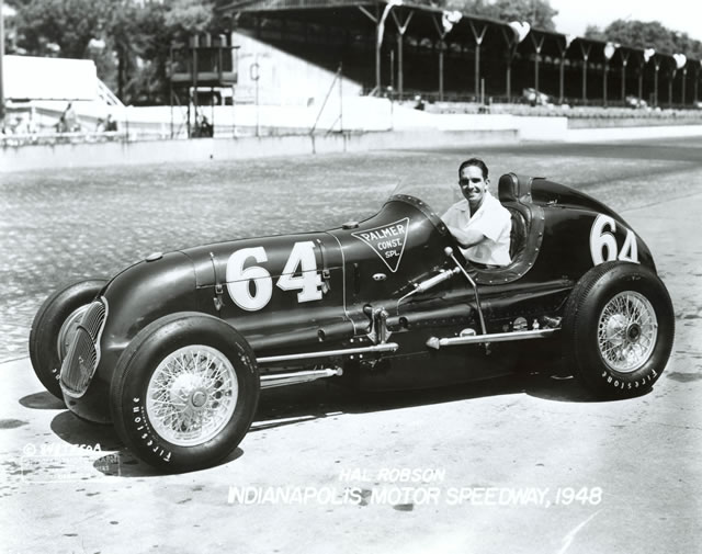 Hal Robson in the #64 Palmer Construction Special (Adams/Offy) at the Indianapolis Motor Speedway in 1948 -- Photo by: No Photographer