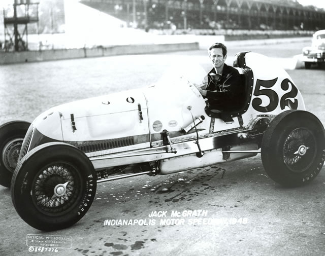 Jack McGrath in the #52 Sheffler Offy Special (Bromme/Offy) at the Indianapolis Motor Speedway in 1948 -- Photo by: No Photographer