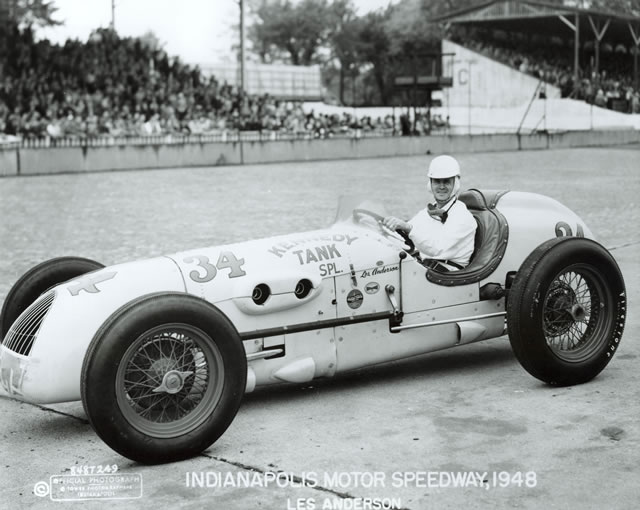 Les Anderson in the #34 Kennedy Tank Special (Kurtis/Offy) at the Indianapolis Motor Speedway in 1948 -- Photo by: No Photographer