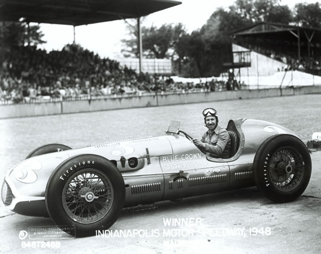 Mauri Rose in the #3 Blue Crown Spark Plug Special (Deidt/Offy) at the Indianapolis Motor Speedway in 1948 -- Photo by: No Photographer