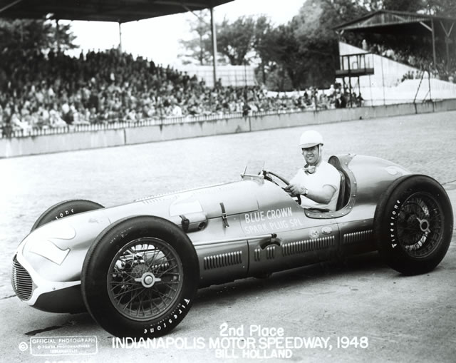 Bill Holland in the #2 Blue Crown Spark Plug Special (Deidt/Offy) at the Indianapolis Motor Speedway in 1948 -- Photo by: No Photographer