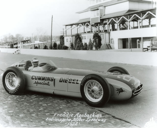 Fred Agabashian in the #28 Cummins Diesel Special (Kurtis/Cummins) at the Indianapolis Motor Speedway in 1952 -- Photo by: No Photographer
