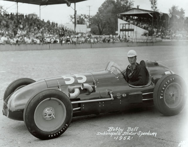 Bob Ball in the #55 Rotary Engineering Corp. Special (Stevens/Offy) at the Indianapolis Motor Speedway in 1952 -- Photo by: No Photographer