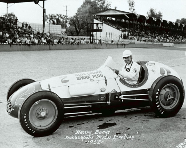 Henry Banks in the #2 Blue Crown Spark Plug Special (Lesovsky/Offy) at the Indianapolis Motor Speedway in 1952 -- Photo by: No Photographer