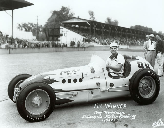 Troy Ruttman in the #98 Agajanian Special (Kuzma/Offy) at the Indianapolis Motor Speedway in 1952 -- Photo by: No Photographer